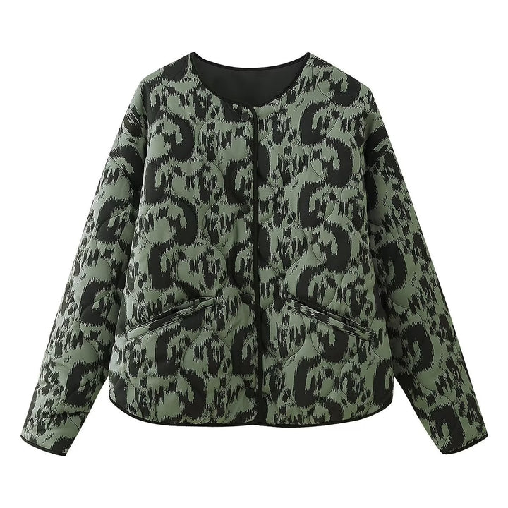Damen gesteppte Ikat-Print Steppjacke mit Rundhalsausschnitt, kontrastpaspel und aufgesetzten Taschen – Célinea
