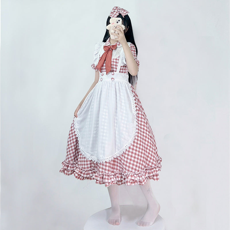 Damen nan vintage-inspiriertes Lolita-Kleid mit Karomuster Volants und abnehmbarer Schürze Echo Archiv