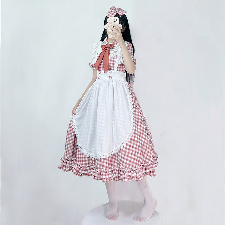Damen nan vintage-inspiriertes Lolita-Kleid mit Karomuster Volants und abnehmbarer Schürze Echo Archiv