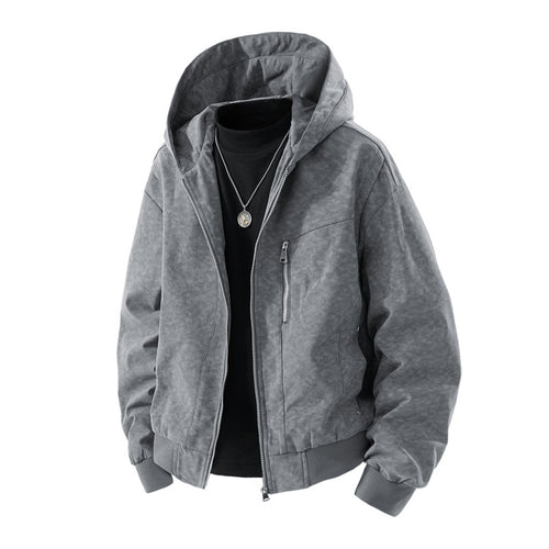 Herren-Hoodie-Blouson im Vintage-Suede-Look mit durchgehendem Reißverschluss und gerippten Bündchen – Cavarno