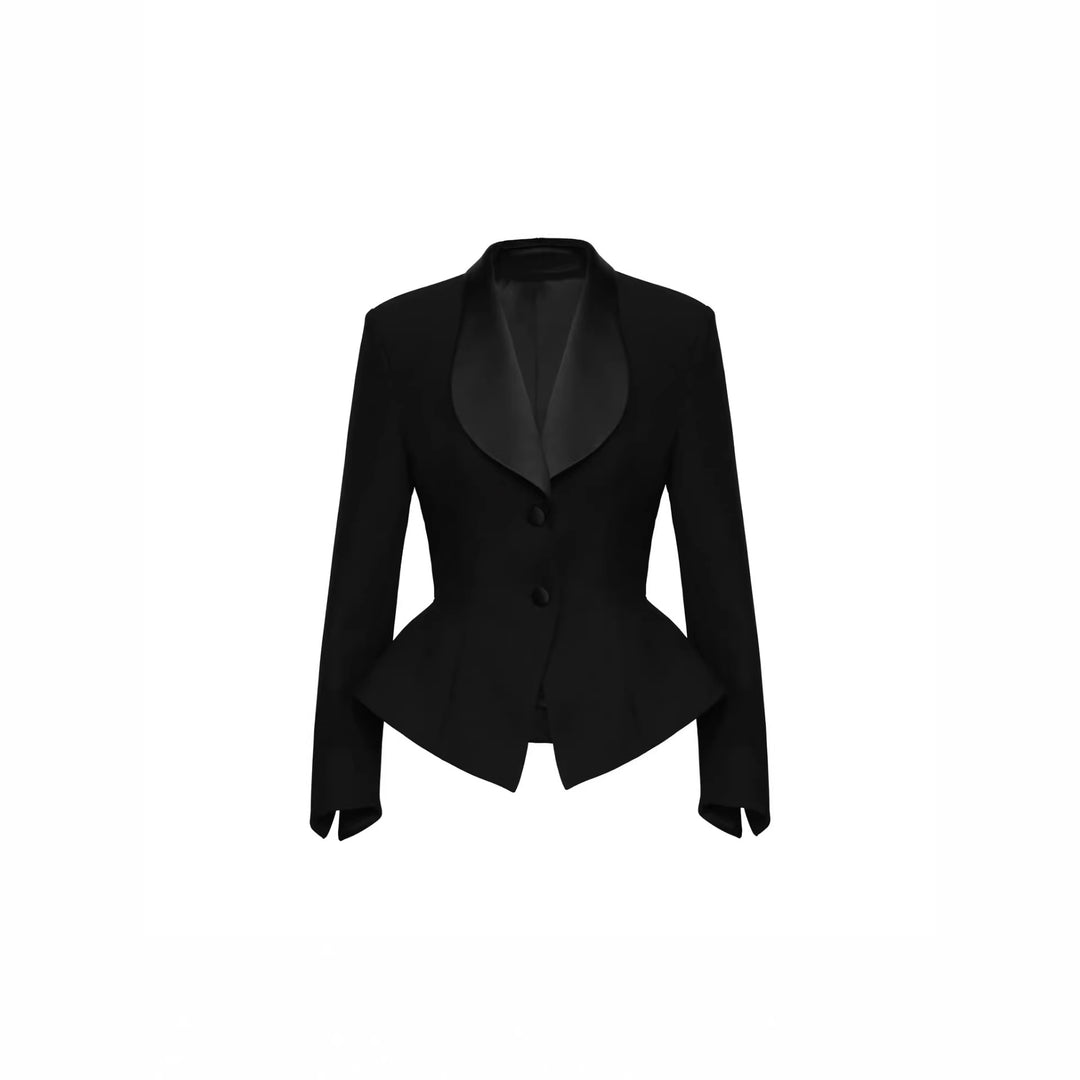 Damen Taillierter Blazer mit Schößchen Satin‑Schalkragen und schlanker Silhouette Echoarchiv