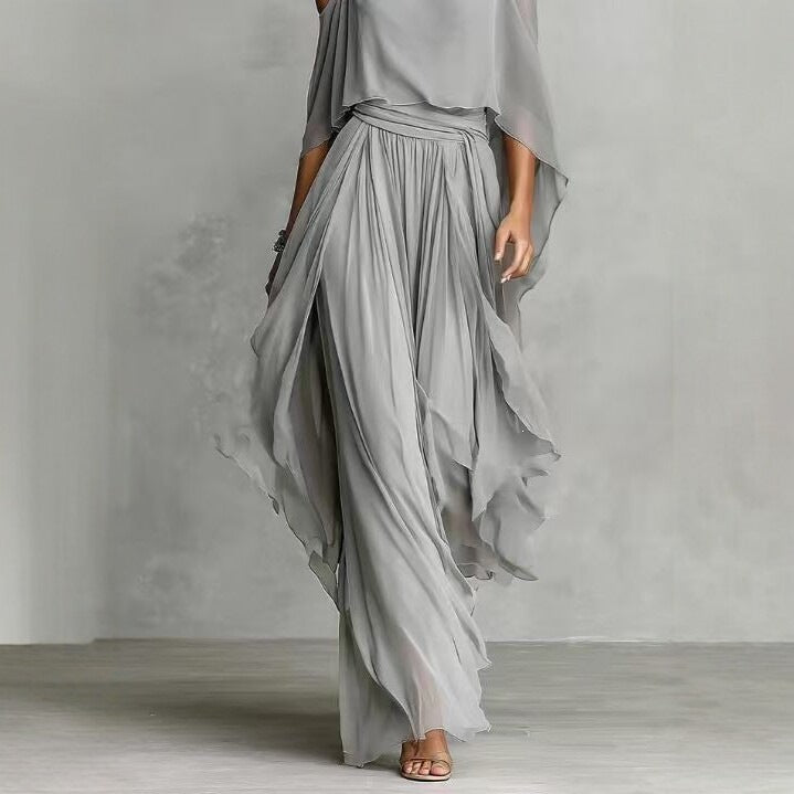 Damen Lange Chiffon Maxi Kleid mit Kaltem Schulter, Spaghetti-Träger und Geschichtetem Cape – Valéora