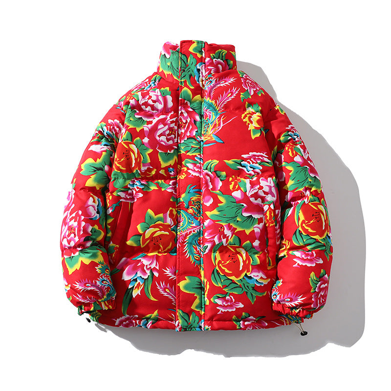 Damen Gefütterte gesteppte Pufferjacke mit großfloralem Print und Stehkragen Echo Archiv