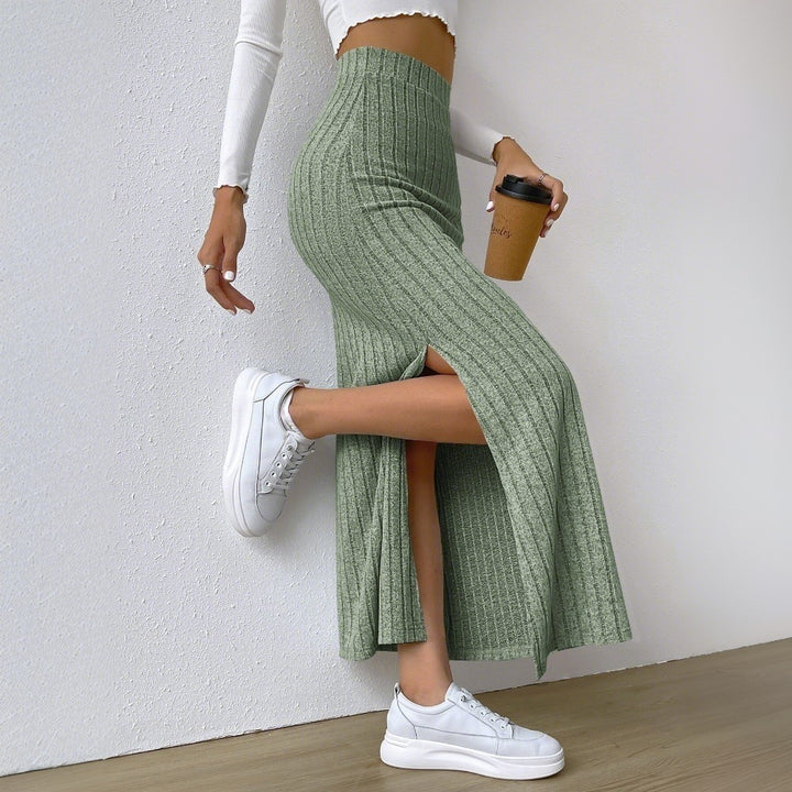 Damen gerippter Midirock mit hohem Bund und figurumspielender A-Linie – Rosévia