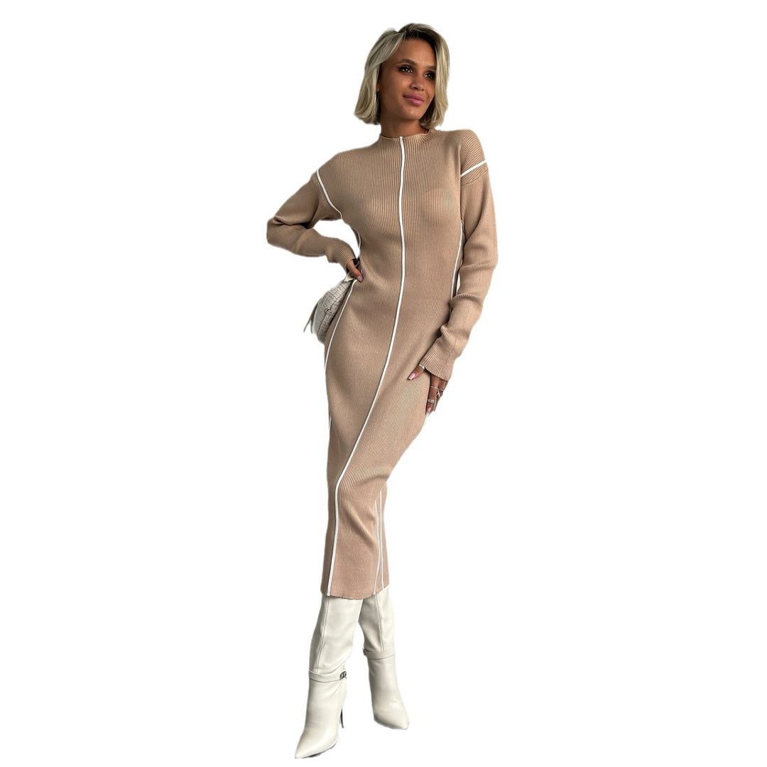Damen schlankes Midikleid mit Stehkragen, vertikalen Kontrastnähten und Langarm-Rippstrick – Élara