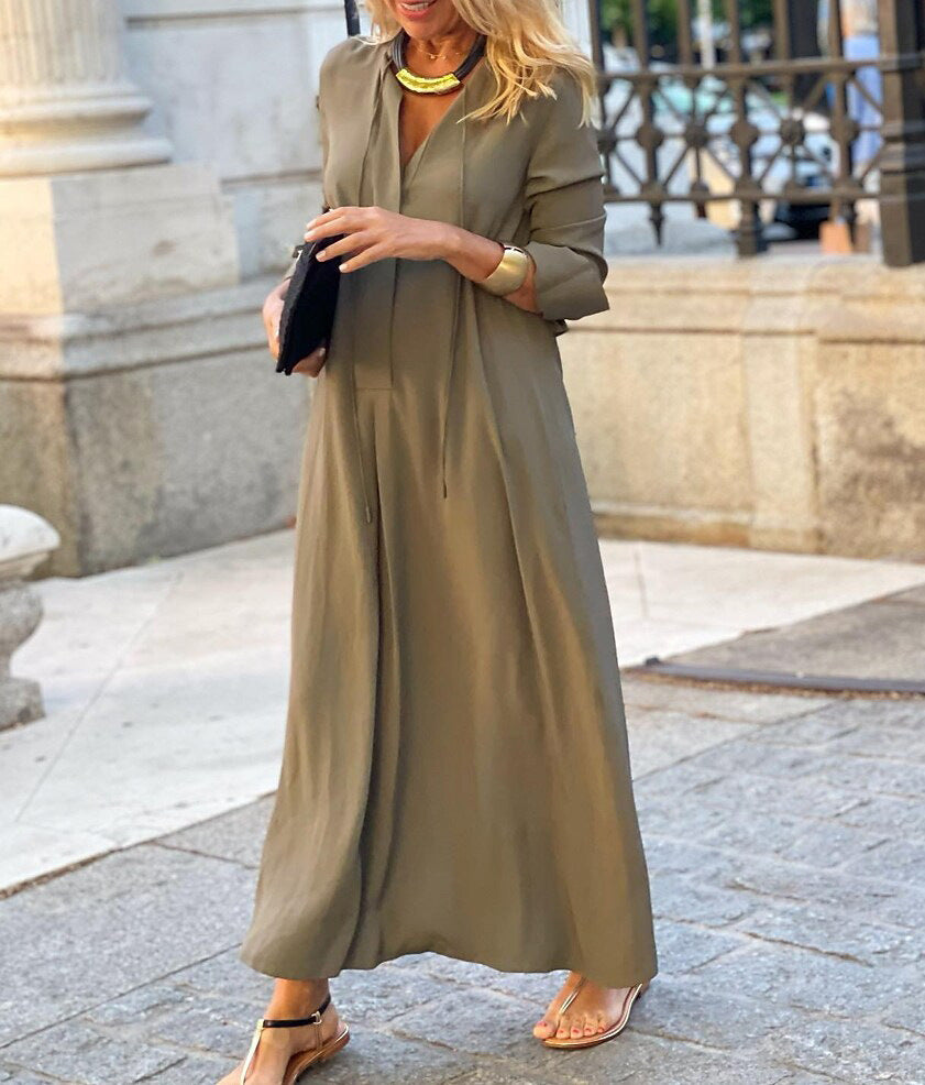 Damen Maxikleid mit V-Ausschnitt, Langärmelig, lockere A-Linien‑Silhouette und Kordelzug – Valéora