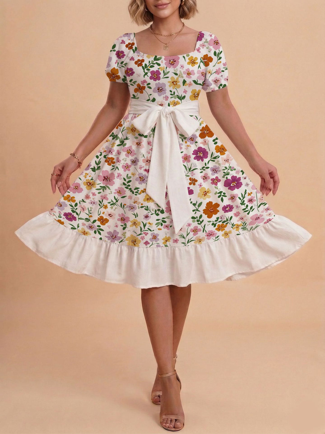 Damen Midikleid mit verspieltem Druck und tailliertem Schnitt Echo Archiv