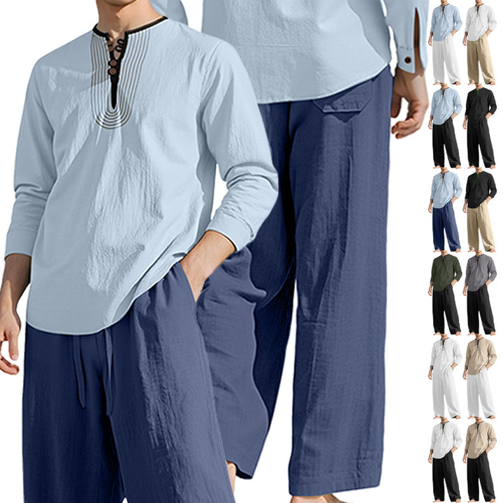 Herren nan Tunika- und Palazzohose-Set mit Henley-Blende, Zierstickerei und weitem Schnitt Echo Archiv