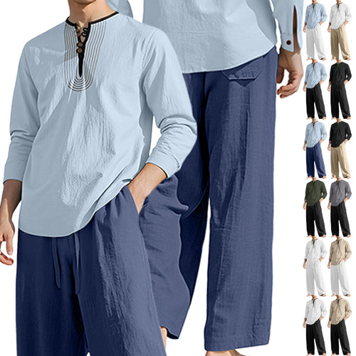 Herren nan Tunika- und Palazzohose-Set mit Henley-Blende, Zierstickerei und weitem Schnitt Echo Archiv