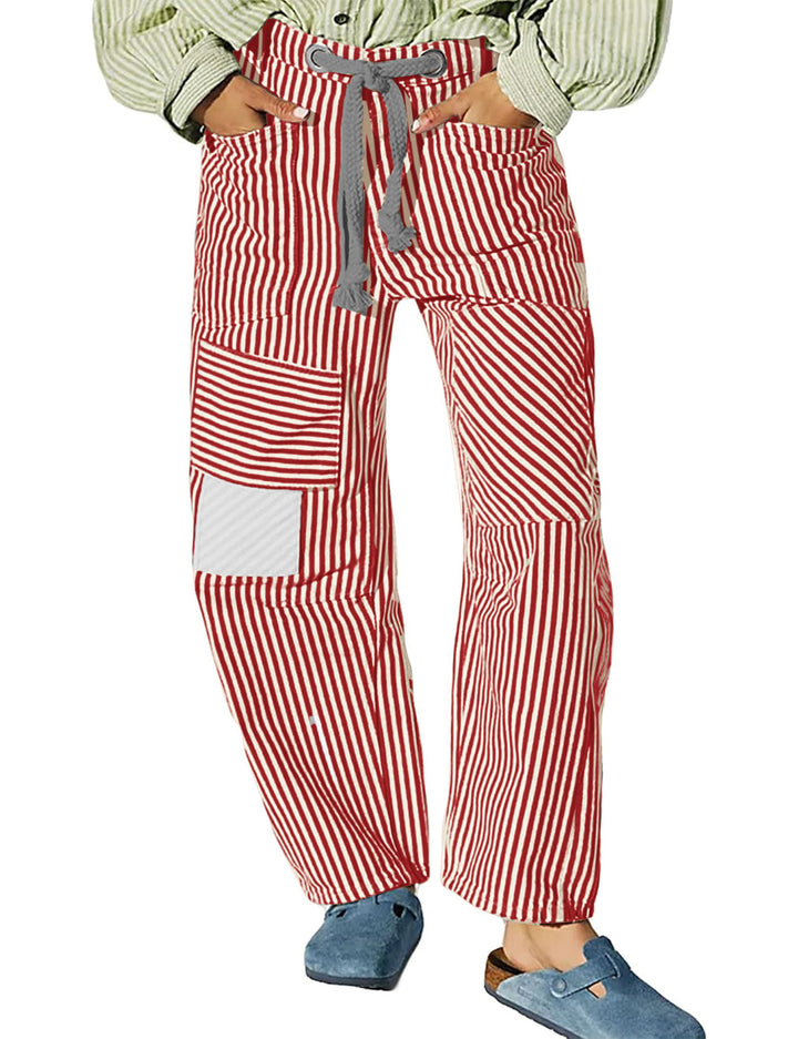 Damen nan lässige gestreifte Leinenhose mit Kordelzug und aufgesetzten Taschen Echo Archiv