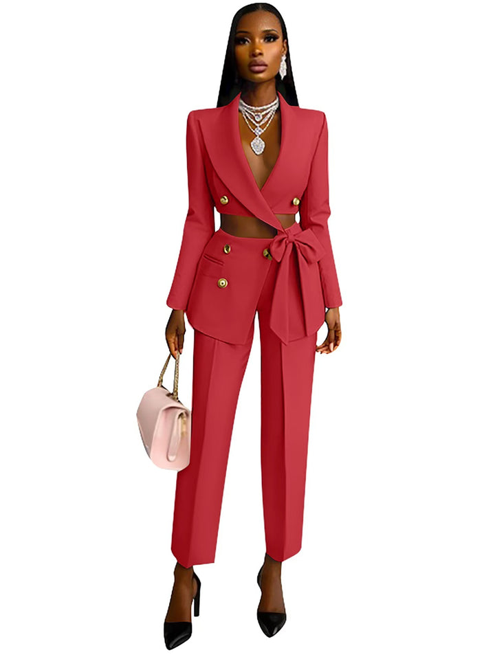 Damen Taillierter Crop-Blazer mit Zierschleife, Doppelreiher und Hochtaillierter Hose – Valéne