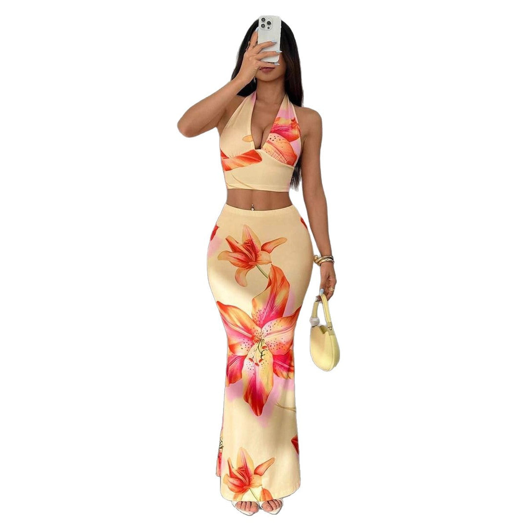 Damen Zweiteiliges Sommeroutfit mit floralem Design und elegantem V-Ausschnitt Echo Archiv