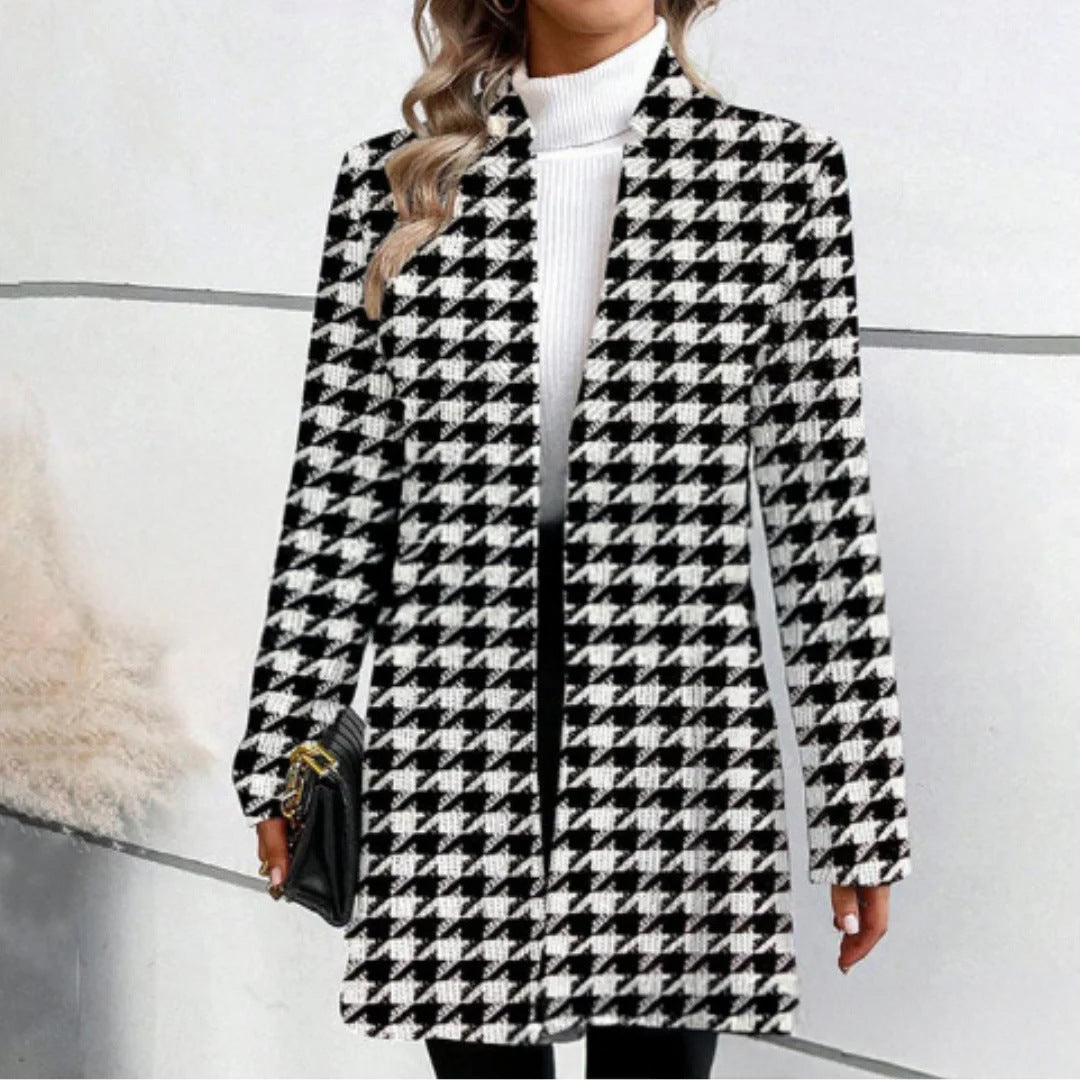 Damen Einreiher Karierter Mantel im Langen Blazer Stil mit Schlanker Silhouette Echoarchiv