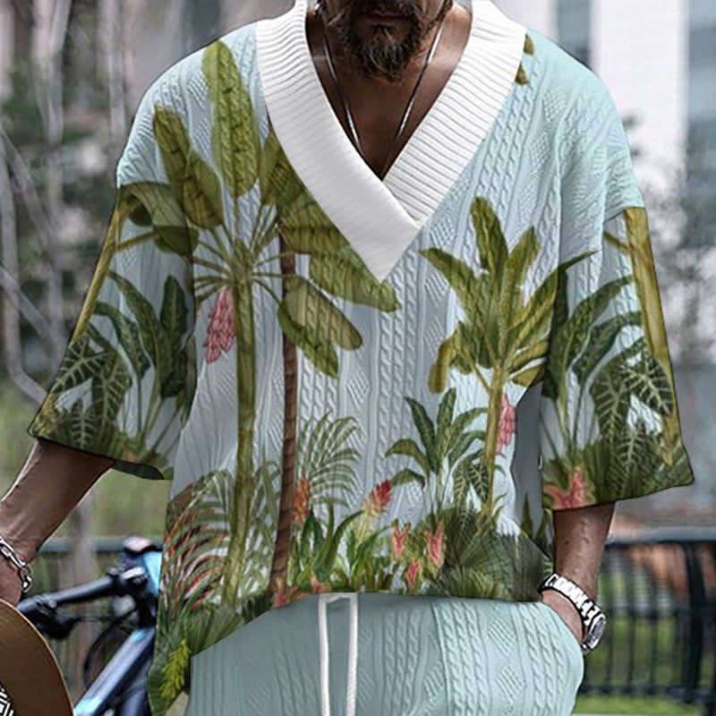 Herren lässiges Kurzarm-Shirt mit tropischem Palmenmotiv und V-Ausschnitt Echoarchiv