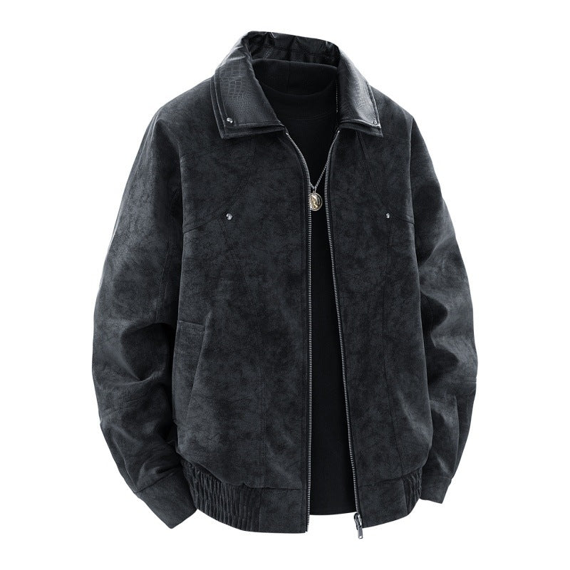 Herren Nano-Velours-Look Bomberjacke mit Kontrastkragen aus strukturiertem Kunstleder und elastischem Saum – Brevano
