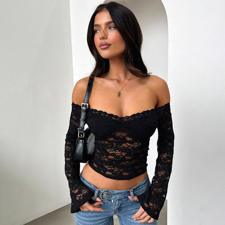 Damen Spitzentop mit Schulterfreiem Design und Volantärmeln Echo Archiv