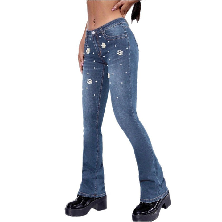 Damen schmale Bootcut-Jeans mit Perlen- und Blumenapplikationen Echo Archiv