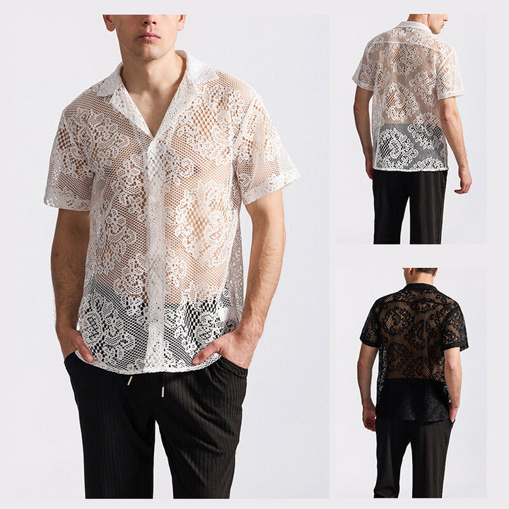 Herren Designer-Hemd aus transparentem Häkelmaterial mit floralem Muster Echoarchiv