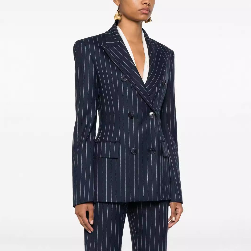 Damen Nadelstreifen Zweireihiger Blazer mit High‑Waist Schlaghose Echoarchiv