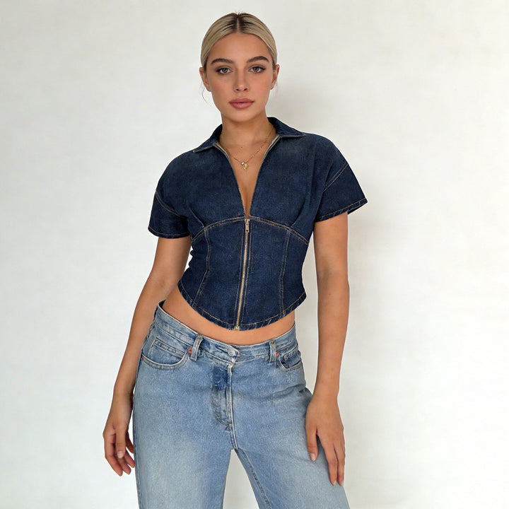Damen modisches Jeanshemd mit kurzen Ärmeln und Frontreißverschluss Echo Archiv
