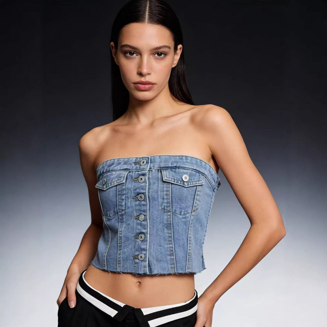 Damen Denim Bustier-Top mit Knopfdetail und Fransen Echo Archiv