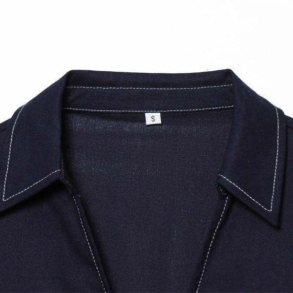 Damen Boxy‑Hemdbluse mit offenem V‑Ausschnitt, kurzem Oversize‑Arm und Kontrastnaht Echo Archiv