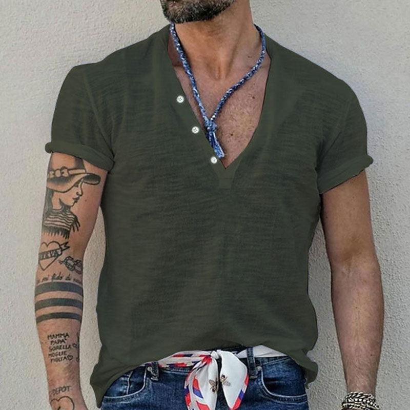 Herren Kurzarm Henley-Shirt mit dekorativen Knöpfen und atmungsaktiver Struktur Echoarchiv