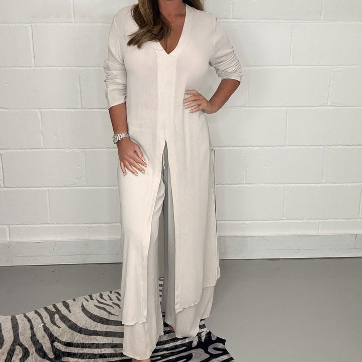 Damen Langes V‑Ausschnitt Tunika‑Kleid mit Frontschlitz und weiter Palazzohose Echoarchiv