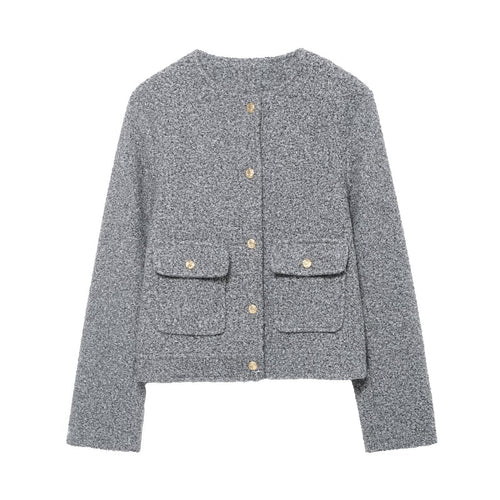 Damen Bouclé-Boxy-Jacke mit goldenen Knöpfen und aufgesetzten Taschen Echo Archiv