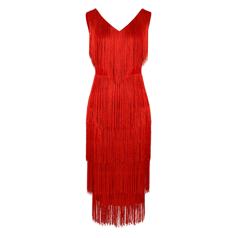 Damen Fransen Kleid mit elegantem V-Ausschnitt und schwingendem Saum Echo Archiv