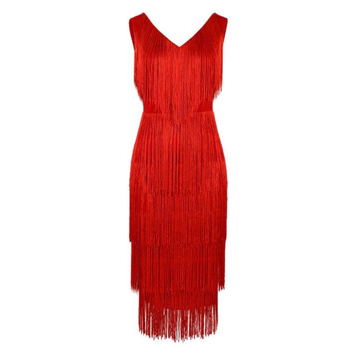 Damen Fransen Kleid mit elegantem V-Ausschnitt und schwingendem Saum Echo Archiv