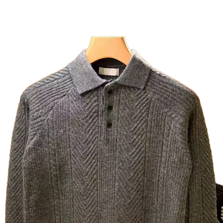 Herren Feinstrick-Polopullover mit halber Knopfleiste und Zopfmuster Echoarchiv