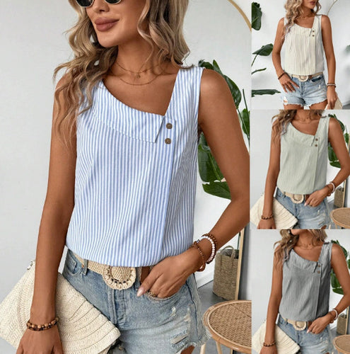 Damen Ärmelloses gestreiftes Cropped-Leinen-Top mit asymmetrischem Kragen und Zierknöpfen Echo Archiv