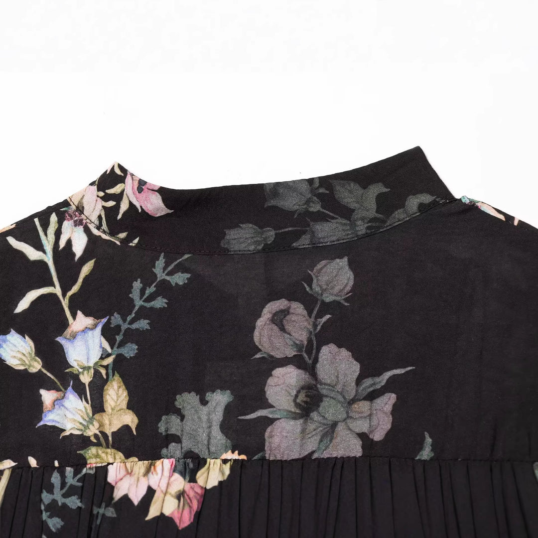 Damen Boho-Stufenkleid mit Stehkragen, Taillengürtel und Ballonärmeln Echoarchiv