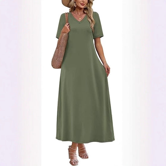 Damen Langes A-Linien-Maxikleid mit V-Ausschnitt, Kurzarm und Eingrifftaschen Echoarchiv
