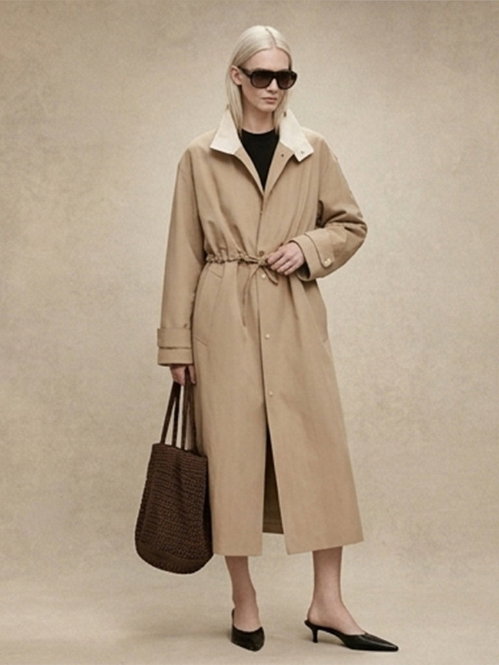 Damen Taillierter Mantel im Trenchcoat‑Stil mit Kordelzug‑Taille und Kontrastkragen Echoarchiv