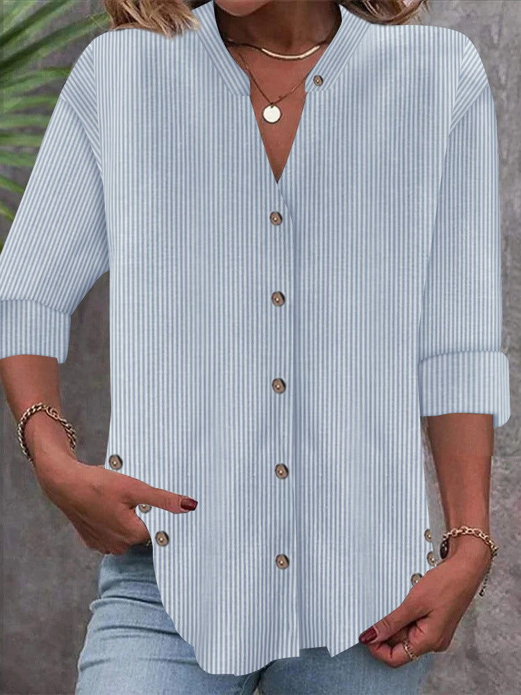 Damen Freizeit Gestreiftes Hemd Bluse mit Stehkragen, Durchgängige Knopfleiste und Roll-up 3/4 Ärmeln – Élovi
