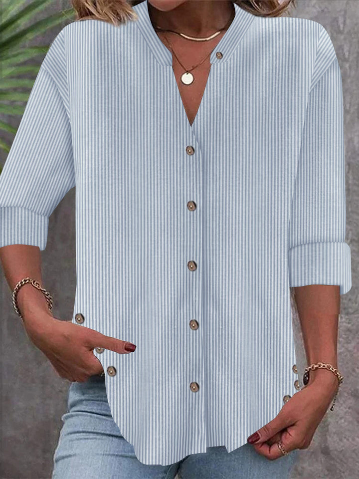 Damen Freizeit Gestreiftes Hemd Bluse mit Stehkragen, Durchgängige Knopfleiste und Roll-up 3/4 Ärmeln – Élovi
