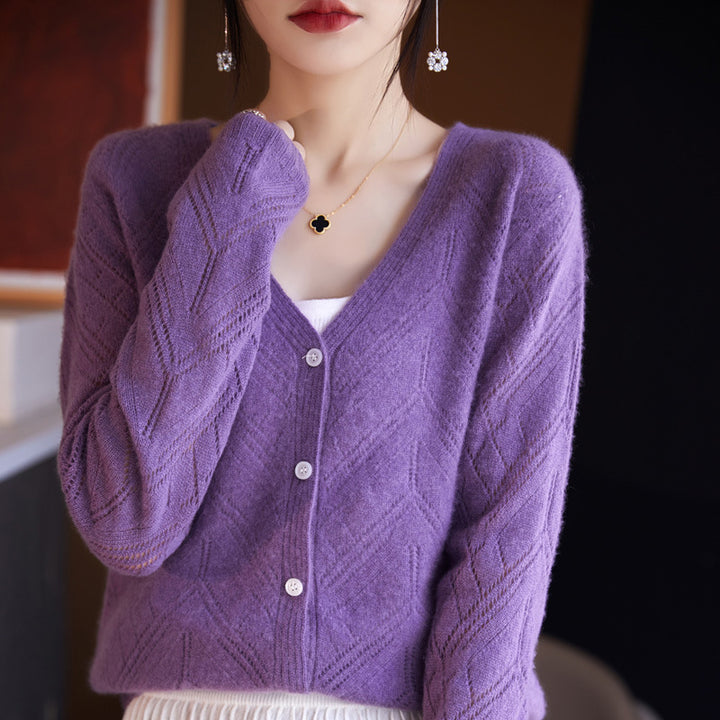 Damen Leichter Ajourcardigan mit geometrischer Lochstruktur und kastiger Kurzform Echoarchiv