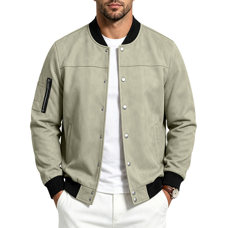 Herren Veloursleder‑Optik Bomberjacke mit Druckknopfleiste, Ärmeltasche und Rippbündchen – Brevano