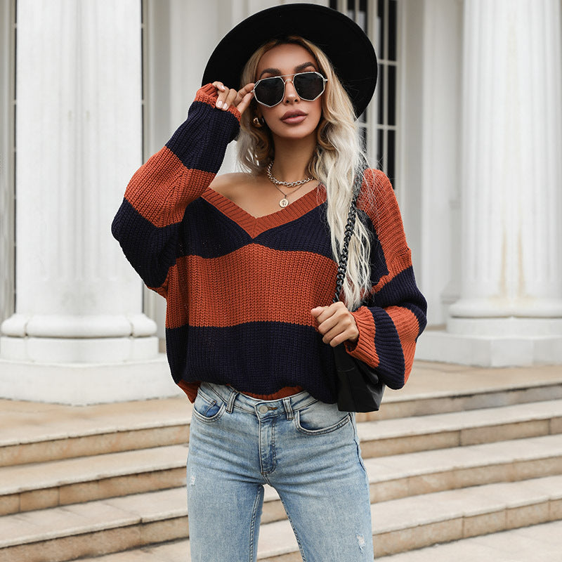 Damen Gestreifter Oversize V‑Ausschnitt Pullover im Grobstrick Echoarchiv