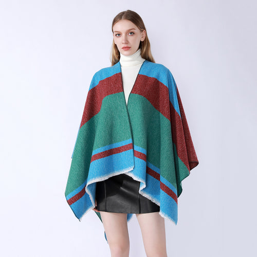 Damen Leichter Capeponcho aus Feinstrick mit geometrischem Blockstreifen-Design – Célinea