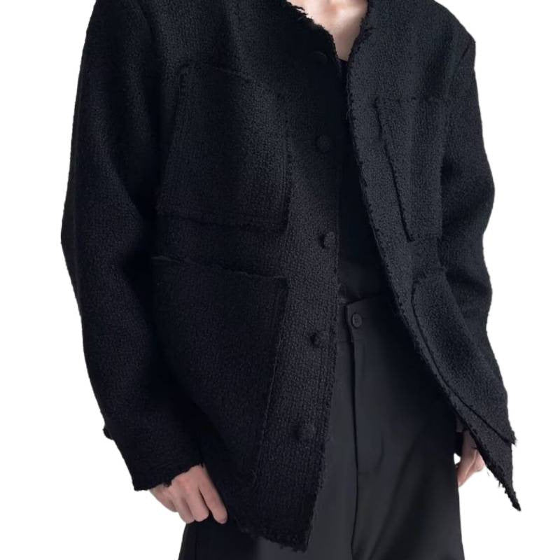 Damen Oversized Bouclé-Jacke ohne Kragen mit aufgesetzten Taschen und Raw‑Edge-Details Echoarchiv