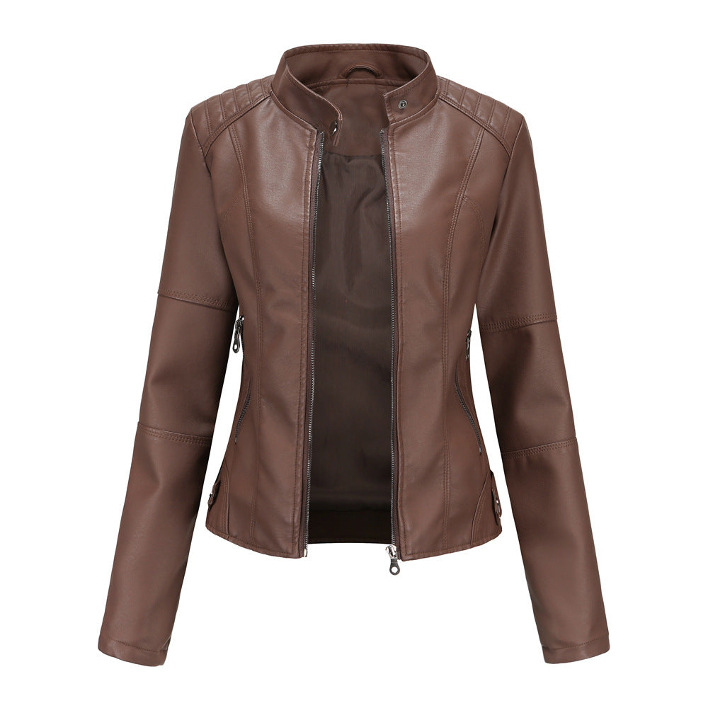 Damen nan taillierte Kunstleder Bikerjacke mit Stehkragen Echo Archiv