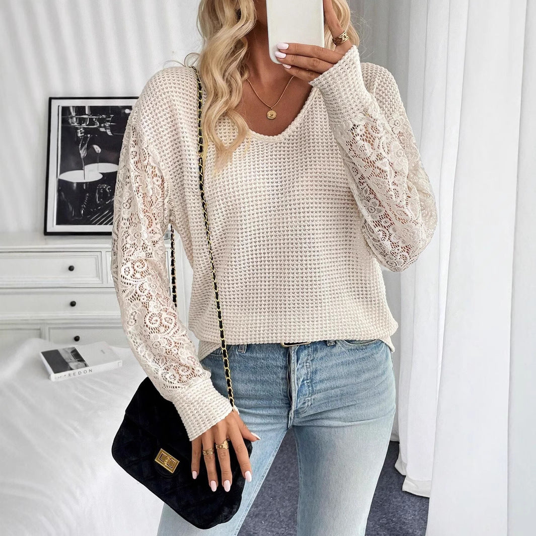 Damen nan locker geschnittener Waffelstrick-Pullover mit floralen Spitzeneinsätzen an den Ärmeln Echo Archiv