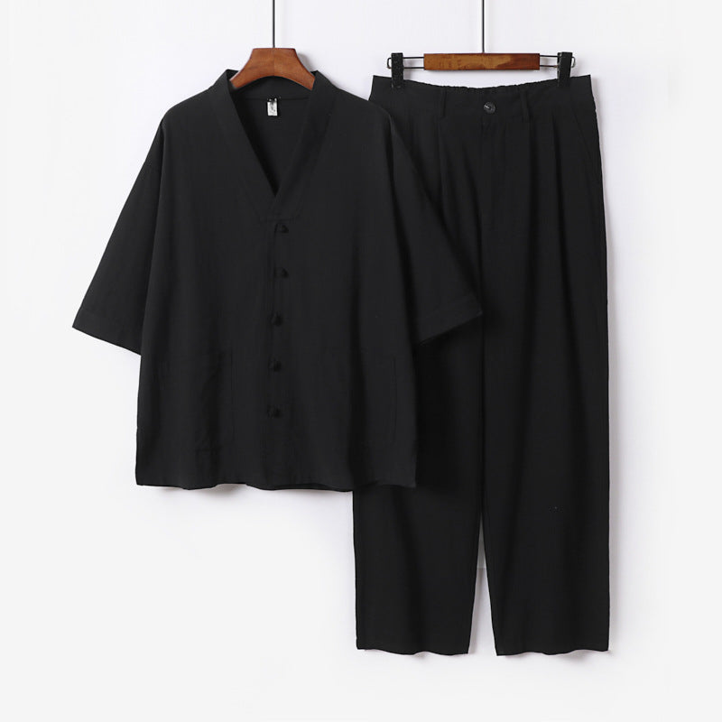 Unisex Zen-inspiriertes Relax-Set mit Kurzarm-Kimono-Oberteil, verdeckter Knopfleiste und elastischer Bundhose Echoarchiv