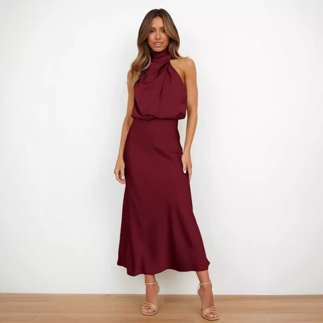 Damen Fließendes Maxikleid mit elegantem Stehkragen und Drapierung Echoarchiv