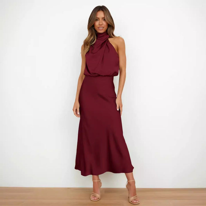Damen Fließendes Maxikleid mit elegantem Stehkragen und Drapierung Echoarchiv