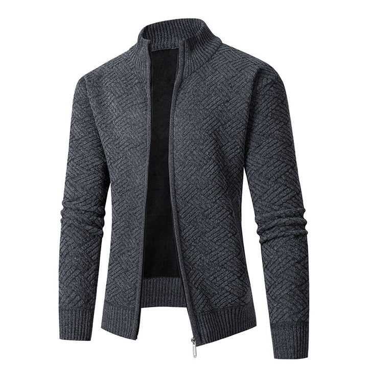 Herren Thermo-Strickjacke mit durchgehendem Reißverschluss, gefüttertem Stehkragen und geometrischem Strukturmuster Echo Archiv
