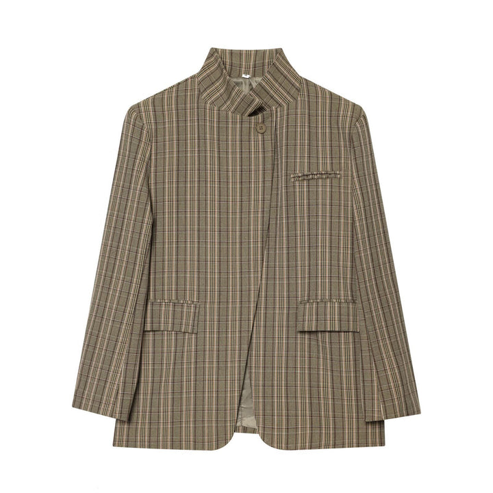 Damen Kastenförmiger Glencheck-Blazer mit Stehkragen und Pattentaschen Echo Archiv